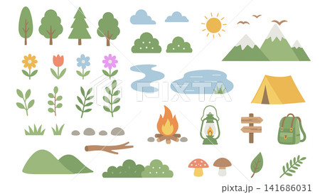 Flat Camping Nature Elements Collection with Outdoor Adventure Icons Vector Illustration Flat Camping Nature Elements Collection with Outdoor Adventure Icons Vector Illustration 141686031