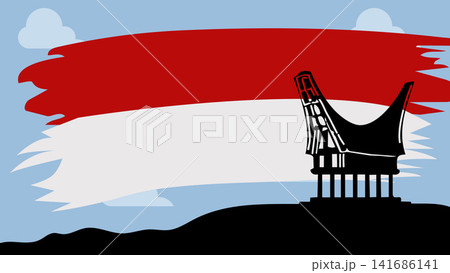 Indonesia Independence Day background featuring Tongkonan house silhouette and red white brush flag.Keywords Indonesia Independence Day background featuring Tongkonan house silhouette and red white brush flag.Keywords 141686141