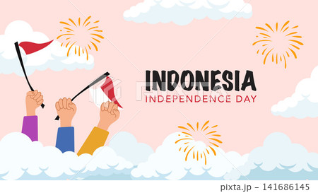 Flat Indonesia Independence Day Celebration Banner with Waving Flags and Fireworks Flat Indonesia Independence Day Celebration Banner with Waving Flags and Fireworks 141686145