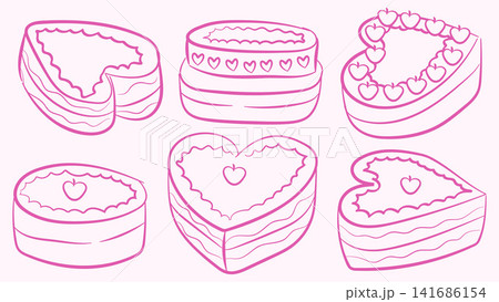 Cute Cake Line Doodle Set with Cherry Vector Illustration 141686154