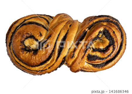 Golden braided pastry figure eight with glossy chocolate swirl Golden braided pastry figure eight with glossy chocolate swirl 141686346