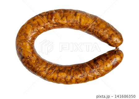 Traditional smoked sausage horseshoe shape coarse meat texture culinary detail Traditional smoked sausage horseshoe shape coarse meat texture culinary detail 141686350