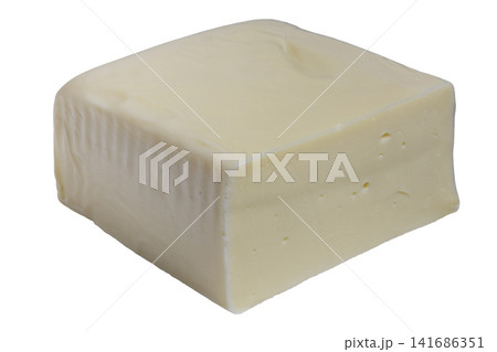 Rectangular block semi hard cheese with smooth pale yellow texture 141686351