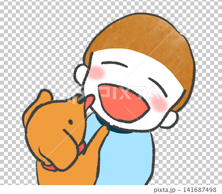 A little boy gets his face licked by a small dog. A little boy gets his face licked by a small dog. 141687498