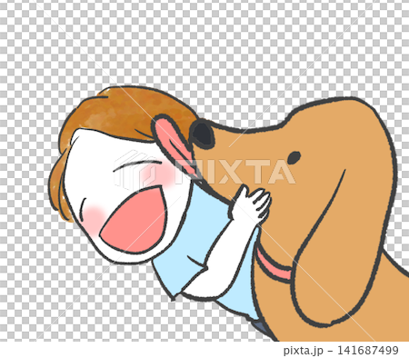 A boy gets his face licked by a big dog. 141687499