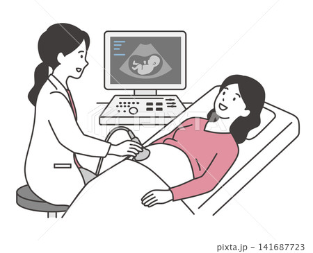 産婦人科で腹部超音波（エコー）検査を受ける妊婦と女医のイラスト素材　妊婦健診・胎児エコー・医療 141687723