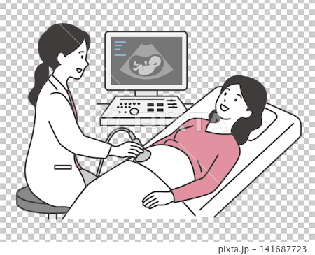 産婦人科で腹部超音波（エコー）検査を受ける妊婦と女医のイラスト素材　妊婦健診・胎児エコー・医療 141687723