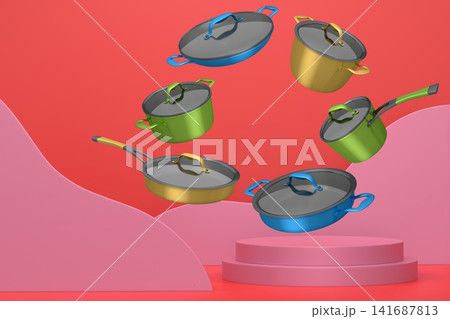 Set of kitchen cookware set with lids floating in midair, over colorfull podium and backdrop, concept of premium utensils 141687813