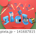 Set of kitchen appliances with baking tools and cookie cutters floating over podium, concept of modern cooking 141687815