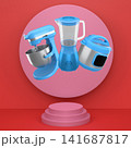 Set of kitchen appliances including a pressure cooker, blender, and mixer floating over podium on abstract background 141687817