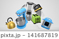 Set of kitchen appliances and utensils floating in mid-air over podium and abstract background, modern cooking concepts 141687819