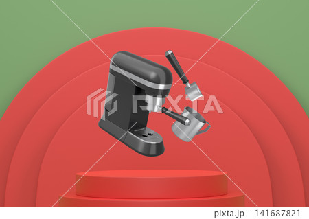 Elegant black and gold espresso machine with portafilter and milk jug floating above minimalist podium and arched background Elegant black and gold espresso machine with portafilter and milk jug floating above minimalist podium and arched background 141687821
