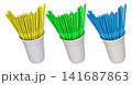 Multiple colorful plastic straws arranged in plastic cups isolated on white background, symbolizing party beverages 141687863