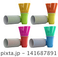 Multiple colorful plastic straws arranged in plastic cups isolated on white background, symbolizing party beverages 141687891