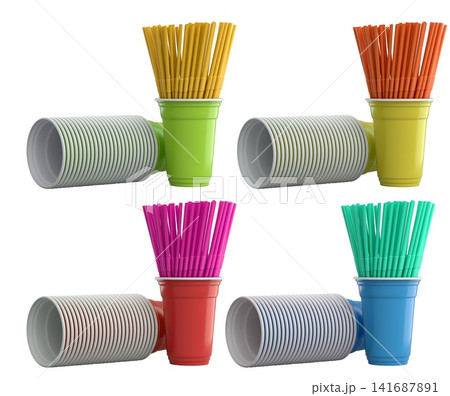 Multiple colorful plastic straws arranged in plastic cups isolated on white background, symbolizing party beverages 141687891