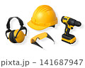 Protective gear featuring helmet, earmuffs, and goggles isolated on white background with clipping path, concept of safety 141687947