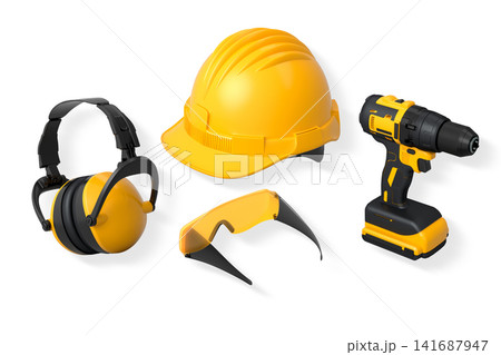 Protective gear featuring helmet, earmuffs, and goggles isolated on white background with clipping path, concept of safety 141687947