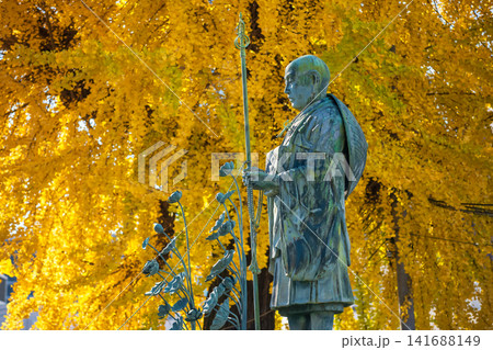 Kobo Daishi statue by autumn Ginkgo leaf, Shitennoji Temple, Osaka Kobo Daishi statue by autumn Ginkgo leaf, Shitennoji Temple, Osaka 141688149