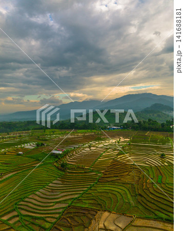 Aerial view of Sapa rice terraces at sunrise with golden light over green fields and misty mountain valleys Aerial view of Sapa rice terraces at sunrise with golden light over green fields and misty mountain valleys 141688181