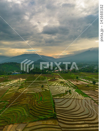 Aerial view of Sapa rice terraces at sunrise with golden light over green fields and misty mountain valleys Aerial view of Sapa rice terraces at sunrise with golden light over green fields and misty mountain valleys 141688182
