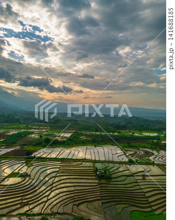 Aerial view of Sapa rice terraces at sunrise with golden light over green fields and misty mountain valleys Aerial view of Sapa rice terraces at sunrise with golden light over green fields and misty mountain valleys 141688185