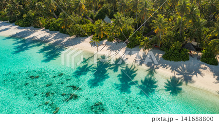 Idyllic aerial view of lush palm island beside crystal turquoise lagoon white sand tropical paradise. Perfect summer vacation travel landscape resort paradise. Luxury getaway relax scenic Idyllic aerial view of lush palm island beside crystal turquoise lagoon white sand tropical paradise. Perfect summer vacation travel landscape resort paradise. Luxury getaway relax scenic 141688800