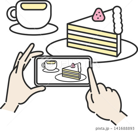 スマートフォンでケーキセットを撮影するイラスト スマートフォンでケーキセットを撮影するイラスト 141688893