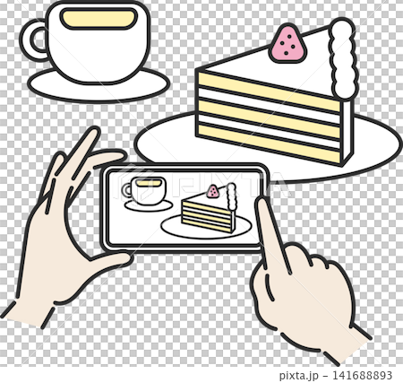 スマートフォンでケーキセットを撮影するイラスト スマートフォンでケーキセットを撮影するイラスト 141688893