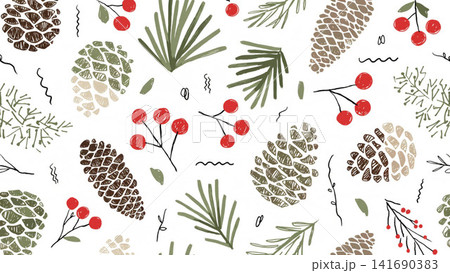 Seamless Christmas Pattern Hand-painted Gouache Pine Cones Pine Needles Red Winter Berries 141690383