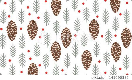 Seamless Christmas Pattern Hand-painted Gouache Pine Cones Pine Needles Red Winter Berries Seamless Christmas Pattern Hand-painted Gouache Pine Cones Pine Needles Red Winter Berries 141690385