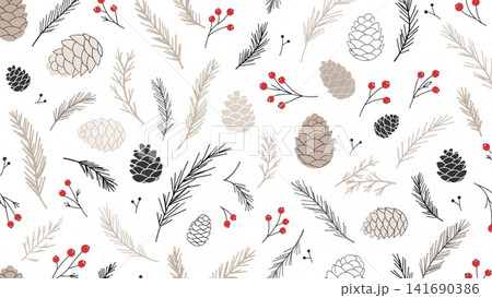 Seamless Christmas Pattern Hand-painted Gouache Pine Cones Pine Needles Red Winter Berries 141690386