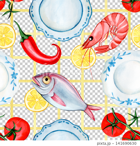 Seamless pattern of Mediterranean food on a checkered background. Seamless pattern of Mediterranean food on a checkered background. 141690630