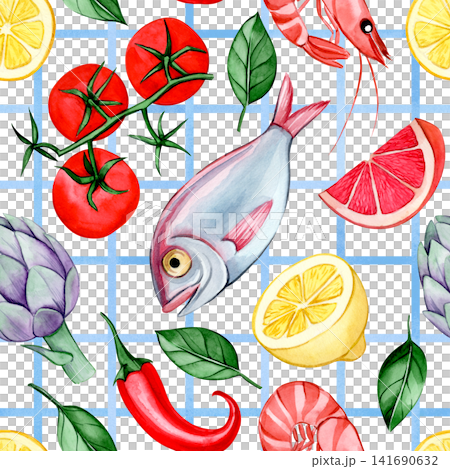 Seamless pattern of Mediterranean food on a checkered background. Seamless pattern of Mediterranean food on a checkered background. 141690632