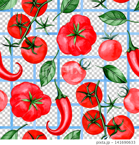 Seamless pattern with red tomatoes on a checkered background. Seamless pattern with red tomatoes on a checkered background. 141690633