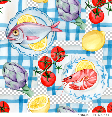 Seamless pattern of Mediterranean food on a checkered background. Seamless pattern of Mediterranean food on a checkered background. 141690634