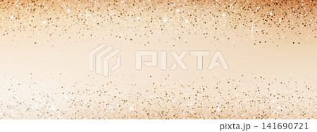 Champagne gold glitter background with scattered luminous circles and starburst flares. Vector template for birthday, New Year celebration and festive poster. 141690721