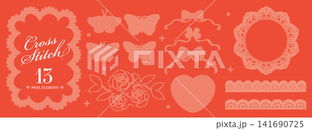 Cross stitch set with butterflies, roses, heart and ribbon bows in embroidery pixel style. Whimsical elements with coquette aesthetic. Cross stitch set with butterflies, roses, heart and ribbon bows in embroidery pixel style. Whimsical elements with coquette aesthetic. 141690725