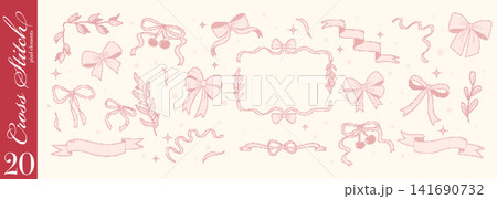 Coquette cross stitch ribbon bows, cherries, botanical branches. Whimsical decorative elements in embroidery pixel style. 141690732