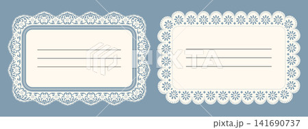 Rectangular scallop lace border card with elegant vintage floral doily trim. Blank template with decorative crochet outline. 141690737
