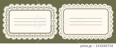 Vintage rectangular scallop lace border frame cards with ornate floral edge with empty space for text. 141690738