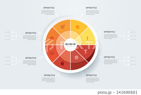 Venn diagram Spiral Infographic chart template for business 8 options presentation and icon elements, 8 steps business success. 141690881
