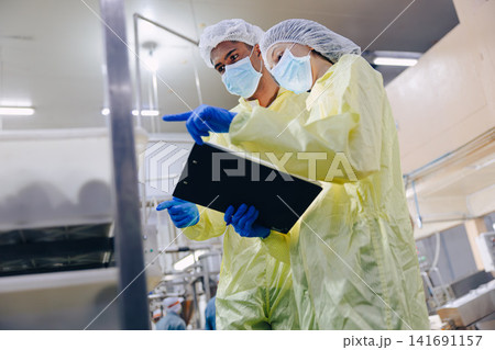Food factory workers team product inspection, Quality control in food industry cannery conveyor belt Food factory workers team product inspection, Quality control in food industry cannery conveyor belt 141691157