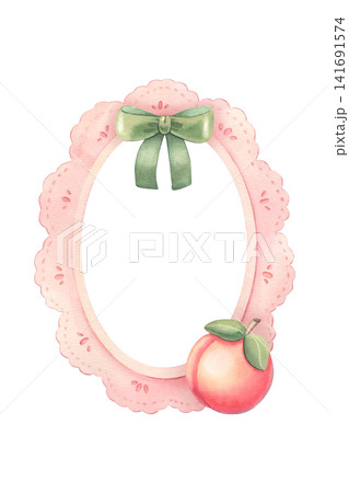 Pink lace oval frame with green bow and peach. Hand-painted watercolor illustration isolated on white for wedding, stationery, greeting cards, branding, packaging, invitations, poster, sticker, design 141691574