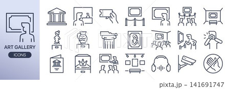Art gallery, art museum line icons set. fine art, exhibition, gallery, cultural center, and more icons. Art gallery, art museum line icons set. fine art, exhibition, gallery, cultural center, and more icons. 141691747