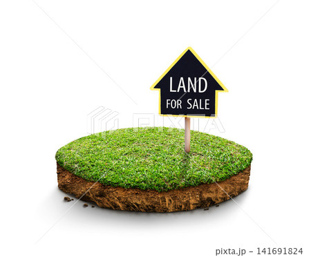 Land for sale sign on round soil ground cross section with earth land and green grass, ground ecology on white background. Land for sale sign on round soil ground cross section with earth land and green grass, ground ecology on white background. 141691824
