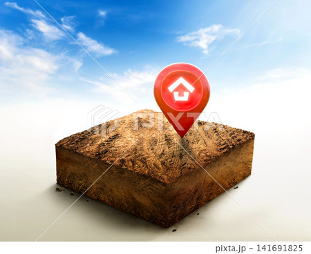 House symbol with location pin icon on empty dry soil land plot for housing construction project, ground ecology isolated on blue sky. House symbol with location pin icon on empty dry soil land plot for housing construction project, ground ecology isolated on blue sky. 141691825