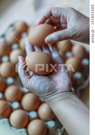 Hand Selecting Fresh Chicken Eggs from Egg Cartons 141691888