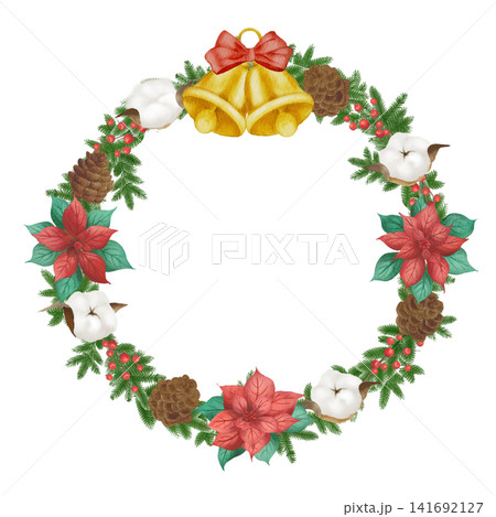 ポインセチアと柊のクリスマスリースのベクターイラスト 141692127