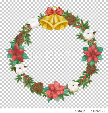 ポインセチアと柊のクリスマスリースのベクターイラスト 141692127
