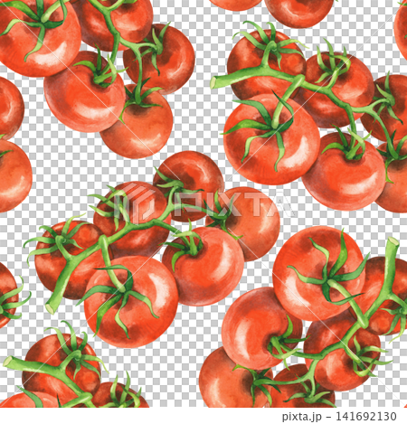 Seamless pattern of the tomatoes. Watercolor illustration. Handmade art work. For packaging design, cards, cover, prints, product labels and fabric. Seamless pattern of the tomatoes. Watercolor illustration. Handmade art work. For packaging design, cards, cover, prints, product labels and fabric. 141692130